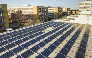 Commercial solar panels on top of a building