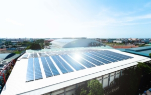 Commercial solar panels on top of a commercial building